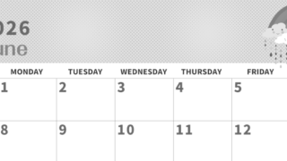 2026年6月横型モノクロの日曜始まり 雨雲イラストのかわいいA4無料白黒カレンダー(2026-00360600)