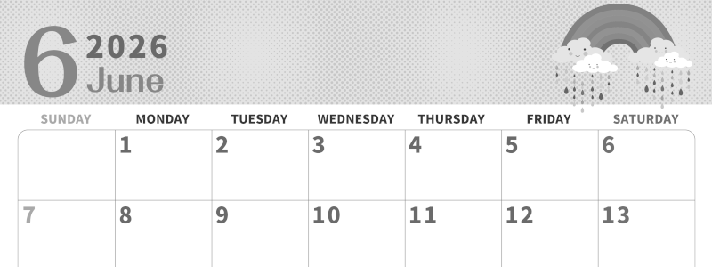 2026年6月横型モノクロの日曜始まり 雨雲イラストのかわいいA4無料白黒カレンダー(2026-00360600)
