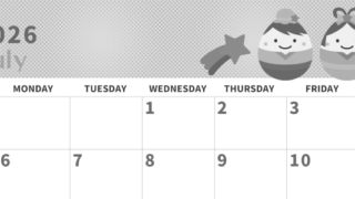 2026年7月横型モノクロの日曜始まり 季節の行事のかわいいイラストA4無料白黒カレンダー(2026-00360700)