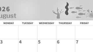 2026年8月横型モノクロの日曜始まり 水族館イラストのかわいいA4無料白黒カレンダー(2026-00360800)