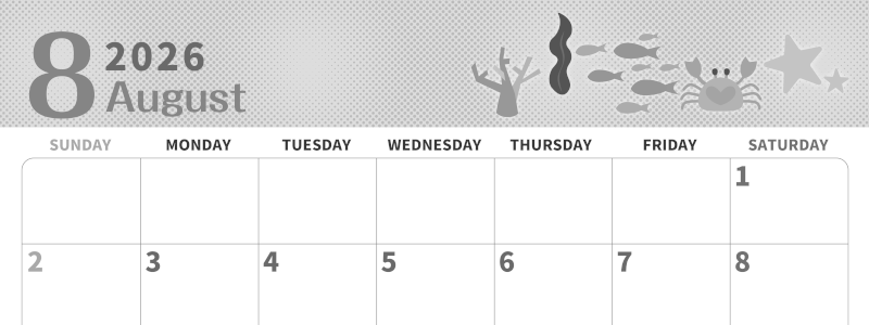 2026年8月横型モノクロの日曜始まり 水族館イラストのかわいいA4無料白黒カレンダー(2026-00360800)