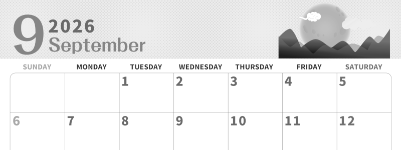 2026年9月横型モノクロの日曜始まり 季節イラストのかわいいA4無料白黒カレンダー(2026-00360900)