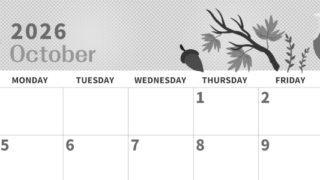 2026年10月横型モノクロの日曜始まり 秋のイラストがかわいいA4無料白黒カレンダー(2026-00361000)