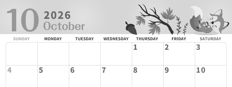 2026年10月横型モノクロの日曜始まり 秋のイラストがかわいいA4無料白黒カレンダー(2026-00361000)