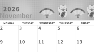 2026年11月横型モノクロの日曜始まり 招き猫イラストのかわいいA4無料白黒カレンダー(2026-00361100)