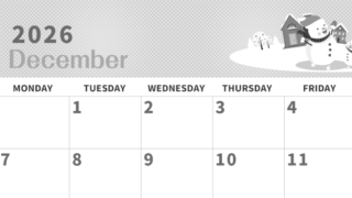 2026年12月横型モノクロの日曜始まり 雪景色イラストのかわいいA4無料白黒カレンダー(2026-00361200)