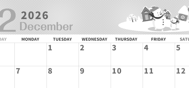 2026年12月横型モノクロの日曜始まり 雪景色イラストのかわいいA4無料白黒カレンダー(2026-00361200)