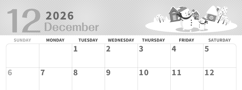 2026年12月横型モノクロの日曜始まり 雪景色イラストのかわいいA4無料白黒カレンダー(2026-00361200)