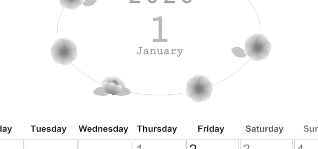 2026年1月縦型モノクロの月曜始まり 花々のイラストのかわいいA4無料白黒カレンダー(2026-00370111)