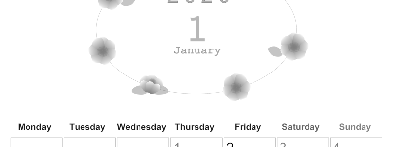 2026年1月縦型モノクロの月曜始まり 花々のイラストのかわいいA4無料白黒カレンダー(2026-00370111)