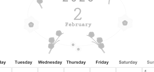 2026年2月縦型モノクロの月曜始まり 草花がかわいいイラストA4無料白黒カレンダー(2026-00370211)