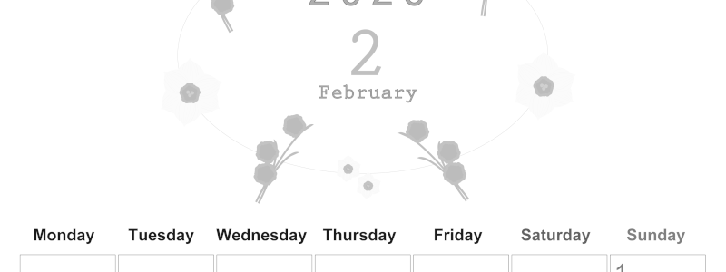 2026年2月縦型モノクロの月曜始まり 草花がかわいいイラストA4無料白黒カレンダー(2026-00370211)