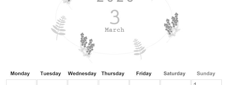 2026年3月縦型モノクロの月曜始まり フラワーイラストのかわいいA4無料白黒カレンダー(2026-00370311)