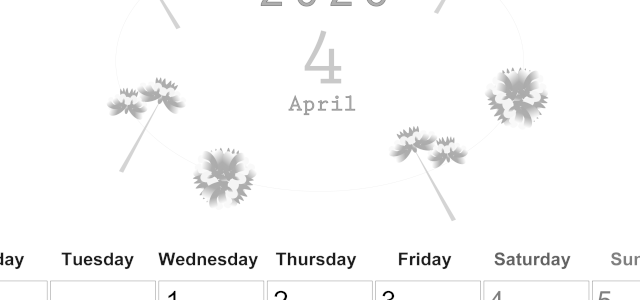 2026年4月縦型モノクロの月曜始まり 牡丹桜イラストのかわいいA4無料白黒カレンダー(2026-00370411)