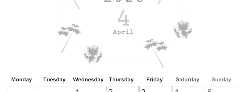 2026年4月縦型モノクロの月曜始まり 牡丹桜イラストのかわいいA4無料白黒カレンダー(2026-00370411)