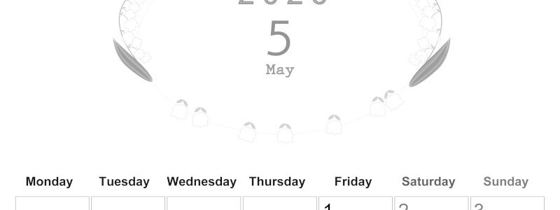 2026年5月縦型モノクロの月曜始まり すずらんイラストのかわいいA4無料白黒カレンダー(2026-00370511)