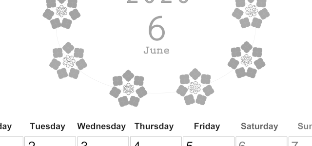 2026年6月縦型モノクロの月曜始まり あじさいイラストのかわいいA4無料白黒カレンダー(2026-00370611)