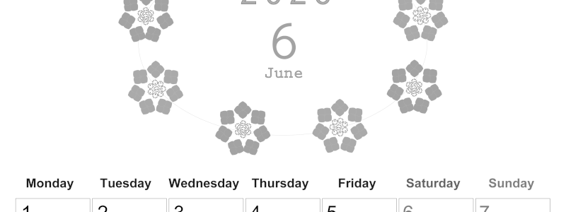 2026年6月縦型モノクロの月曜始まり あじさいイラストのかわいいA4無料白黒カレンダー(2026-00370611)