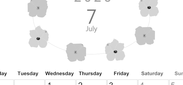 2026年7月縦型モノクロの月曜始まり 花のイラストがかわいいA4無料白黒カレンダー(2026-00370711)