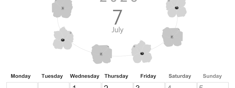 2026年7月縦型モノクロの月曜始まり 花のイラストがかわいいA4無料白黒カレンダー(2026-00370711)
