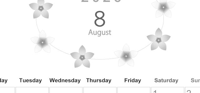 2026年8月縦型モノクロの月曜始まり プルメリアがかわいいイラストA4無料白黒カレンダー(2026-00370811)