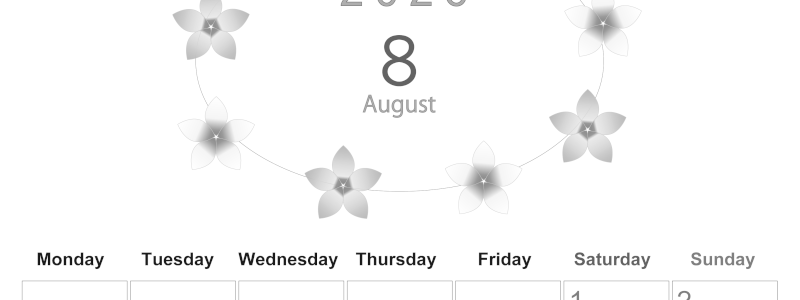 2026年8月縦型モノクロの月曜始まり プルメリアがかわいいイラストA4無料白黒カレンダー(2026-00370811)