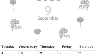 2026年9月縦型モノクロの月曜始まり 花イラストのかわいいA4無料白黒カレンダー(2026-00370911)