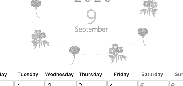 2026年9月縦型モノクロの月曜始まり 花イラストのかわいいA4無料白黒カレンダー(2026-00370911)