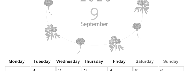 2026年9月縦型モノクロの月曜始まり 花イラストのかわいいA4無料白黒カレンダー(2026-00370911)