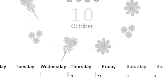 2026年10月縦型モノクロの月曜始まり 花イラストのかわいいA4無料白黒カレンダー(2026-00371011)