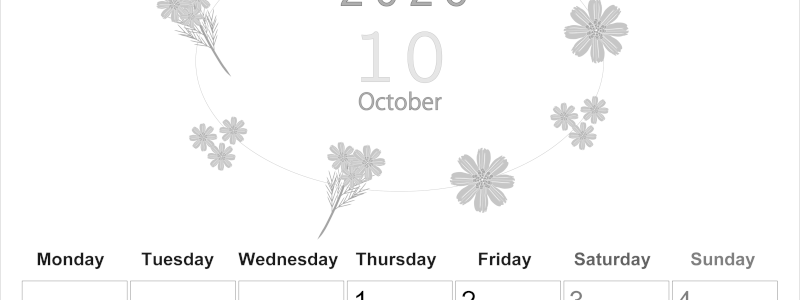 2026年10月縦型モノクロの月曜始まり 花イラストのかわいいA4無料白黒カレンダー(2026-00371011)