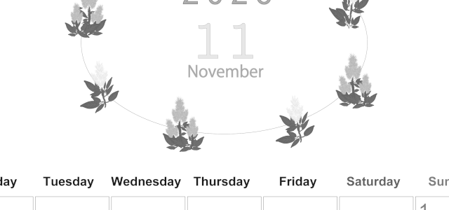 2026年11月縦型モノクロの月曜始まり 花イラストのかわいいA4無料白黒カレンダー(2026-00371111)