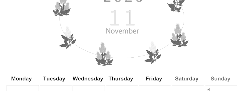 2026年11月縦型モノクロの月曜始まり 花イラストのかわいいA4無料白黒カレンダー(2026-00371111)