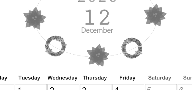 2026年12月縦型モノクロの月曜始まり ポインセチアがかわいいイラストA4無料白黒カレンダー(2026-00371211)