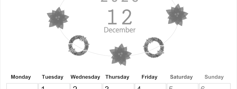 2026年12月縦型モノクロの月曜始まり ポインセチアがかわいいイラストA4無料白黒カレンダー(2026-00371211)