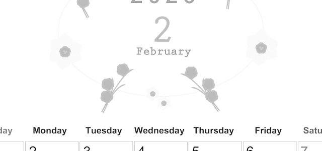 2026年2月縦型モノクロの日曜始まり 草花がかわいいイラストA4無料白黒カレンダー(2026-00370210)
