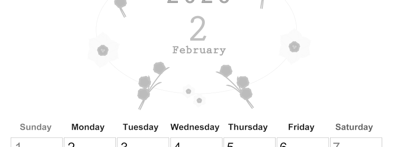 2026年2月縦型モノクロの日曜始まり 草花がかわいいイラストA4無料白黒カレンダー(2026-00370210)