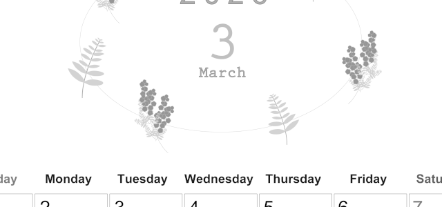 2026年3月縦型モノクロの日曜始まり フラワーイラストのかわいいA4無料白黒カレンダー(2026-00370310)