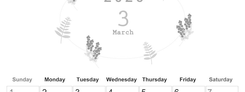 2026年3月縦型モノクロの日曜始まり フラワーイラストのかわいいA4無料白黒カレンダー(2026-00370310)