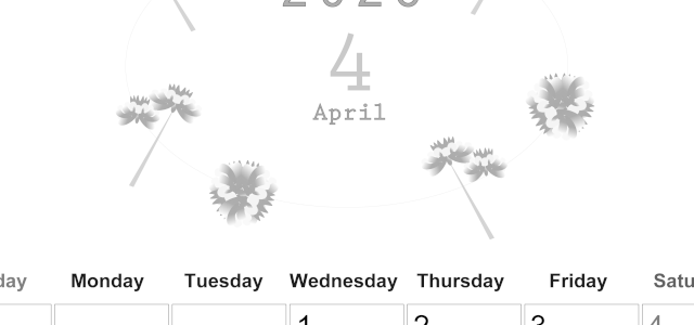 2026年4月縦型モノクロの日曜始まり 牡丹桜イラストのかわいいA4無料白黒カレンダー(2026-00370410)