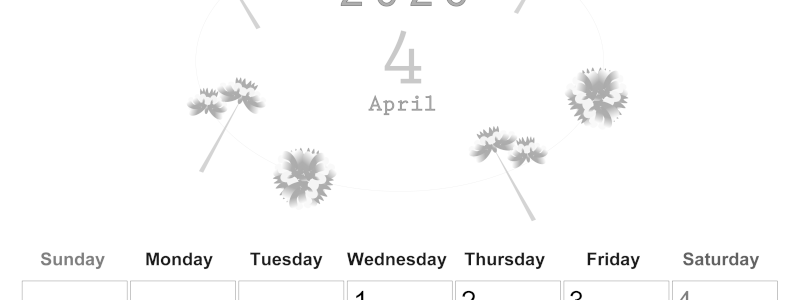 2026年4月縦型モノクロの日曜始まり 牡丹桜イラストのかわいいA4無料白黒カレンダー(2026-00370410)