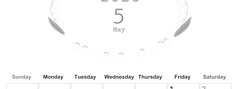 2026年5月縦型モノクロの日曜始まり すずらんイラストのかわいいA4無料白黒カレンダー(2026-00370510)