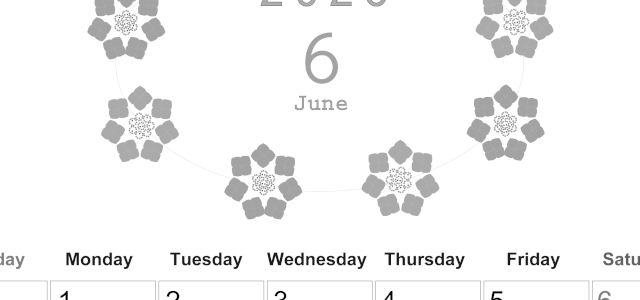 2026年6月縦型モノクロの日曜始まり あじさいイラストのかわいいA4無料白黒カレンダー(2026-00370610)