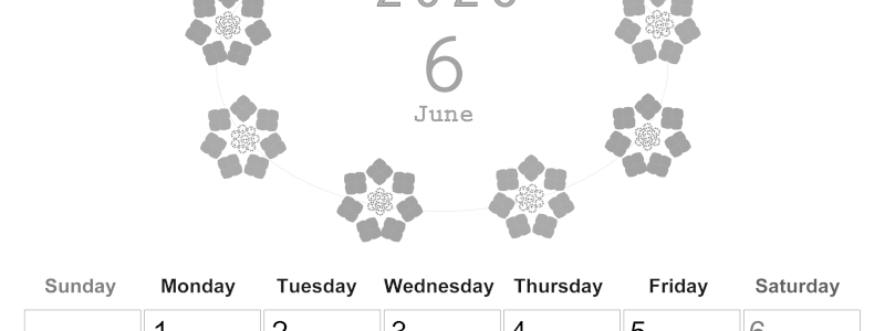 2026年6月縦型モノクロの日曜始まり あじさいイラストのかわいいA4無料白黒カレンダー(2026-00370610)