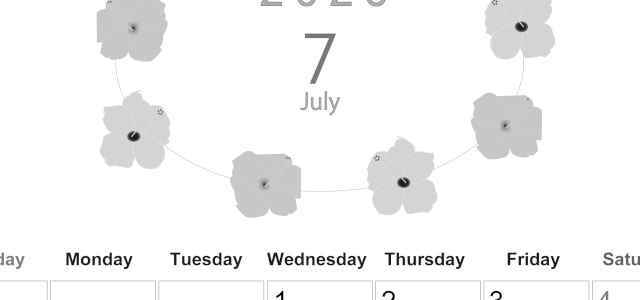 2026年7月縦型モノクロの日曜始まり 花のイラストがかわいいA4無料白黒カレンダー(2026-00370710)
