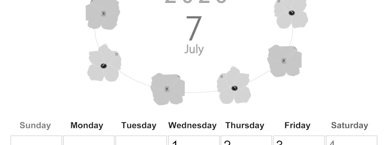 2026年7月縦型モノクロの日曜始まり 花のイラストがかわいいA4無料白黒カレンダー(2026-00370710)