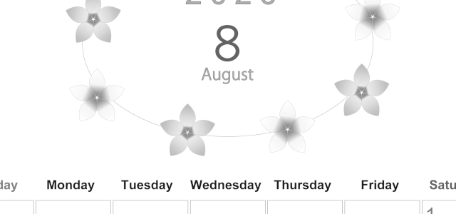 2026年8月縦型モノクロの日曜始まり プルメリアがかわいいイラストA4無料白黒カレンダー(2026-00370810)