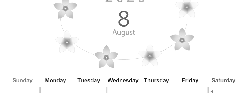 2026年8月縦型モノクロの日曜始まり プルメリアがかわいいイラストA4無料白黒カレンダー(2026-00370810)