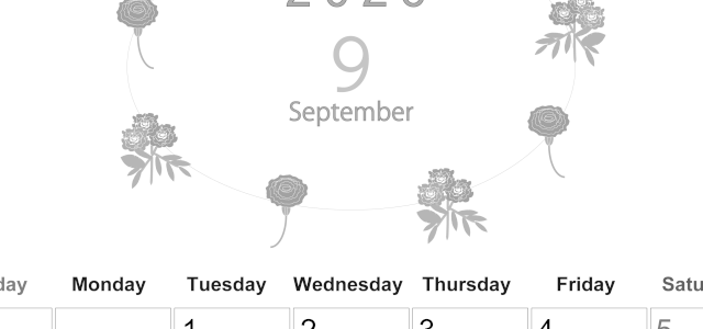 2026年9月縦型モノクロの日曜始まり 花イラストのかわいいA4無料白黒カレンダー(2026-00370910)