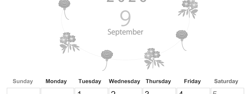 2026年9月縦型モノクロの日曜始まり 花イラストのかわいいA4無料白黒カレンダー(2026-00370910)